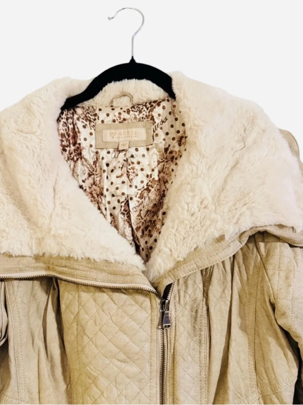 GUESS Quilted Faux Leather Moto Jacket Faux Fur Collar Stone Tan Cream Size L